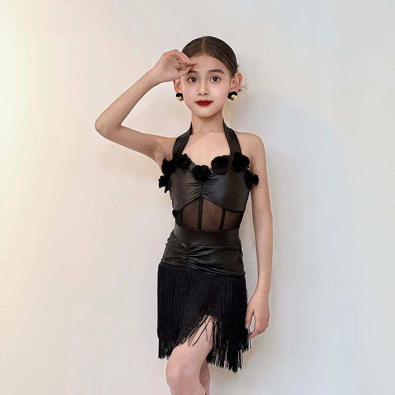 2026 Children'S Ballroom Dance Clothes For Girls Leather Latin Dance Fringed Dress Kids Performance Latin Dance Costume