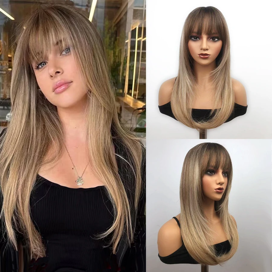 

Многослойный прямой парик с челкой, смешанный коричневый блондин, прямые волосы средней длины, синтетический парик для женщин, повседневная вечеринка, косплей