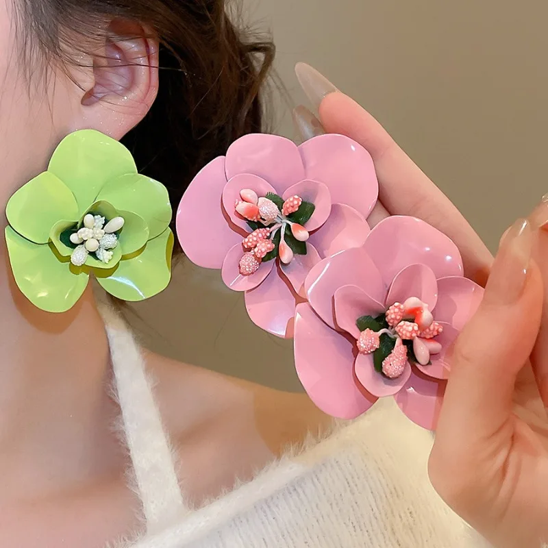 

Minar Elegant Green Pink Spray Multi Layers Large Flower Drop Earrings for Women Iron Alloy Statement Holiday Party Jewelry