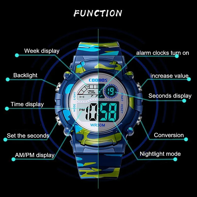 YIKAZE-relojes deportivos para niños y niñas, reloj Digital impermeable, despertador, cronómetro luminoso, reloj de pulsera militar multifunción