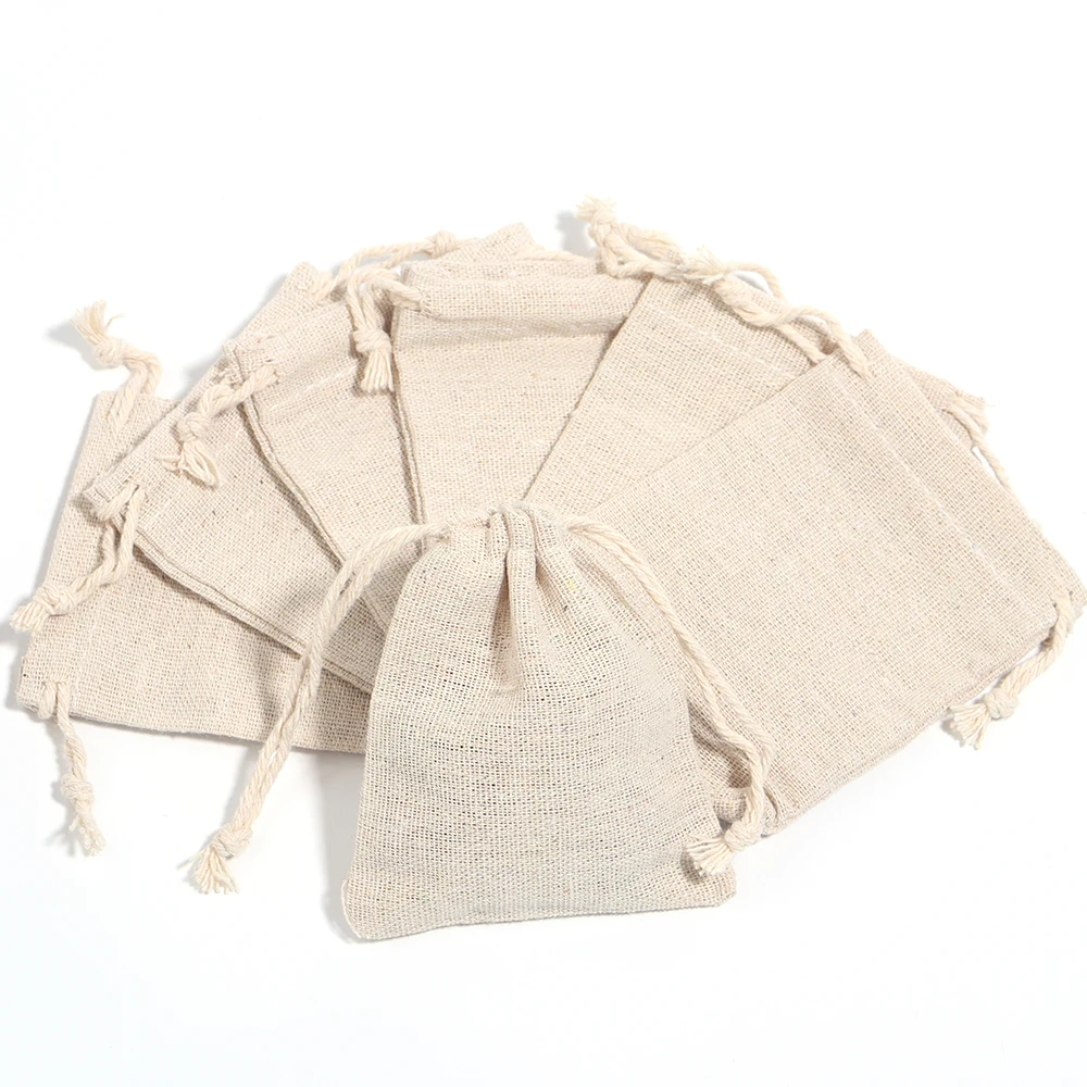 5/10Pcs Natural Burlap Cotton Linen Drawstring Bags Favor Wedding Christmas Party Gift Bags Jewelry Packaging Bags&Pouches