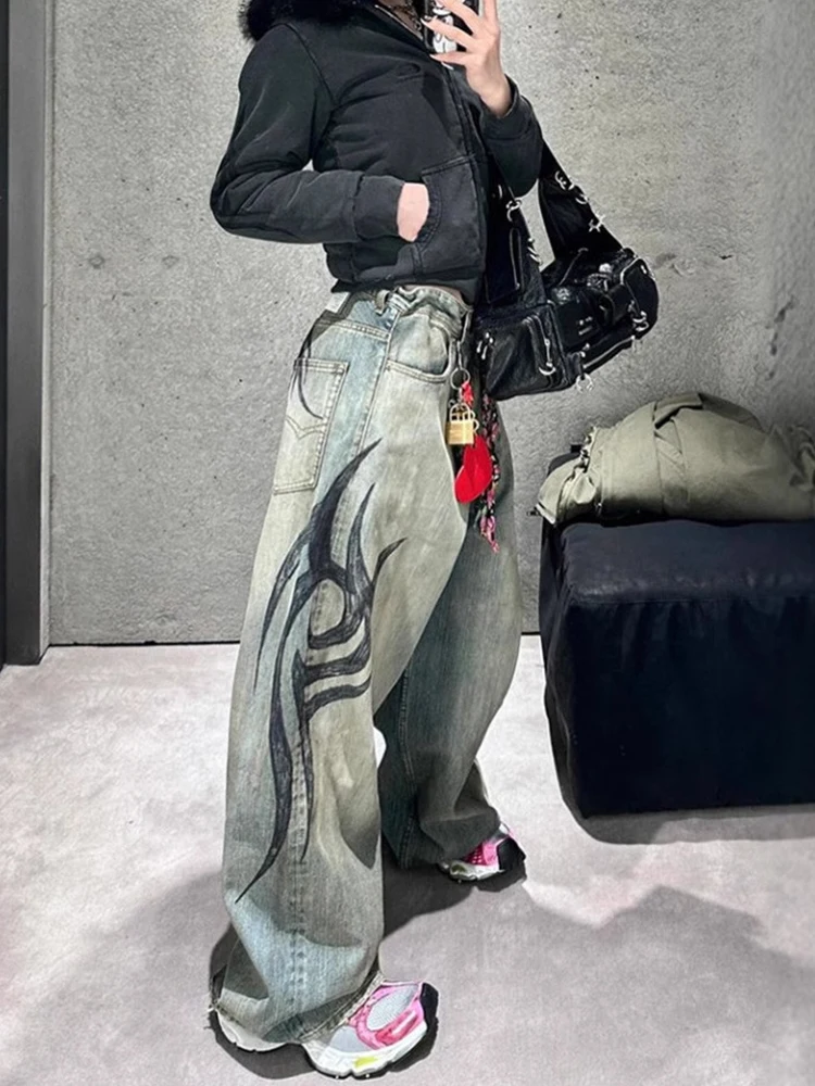 Retro Y2k Print Baggy Jeans Mode Vrouwen Hip Hop Losse Paar Amerikaanse Rechte Wijde Pijpen Broek Gewassen Gescheurde Jeans