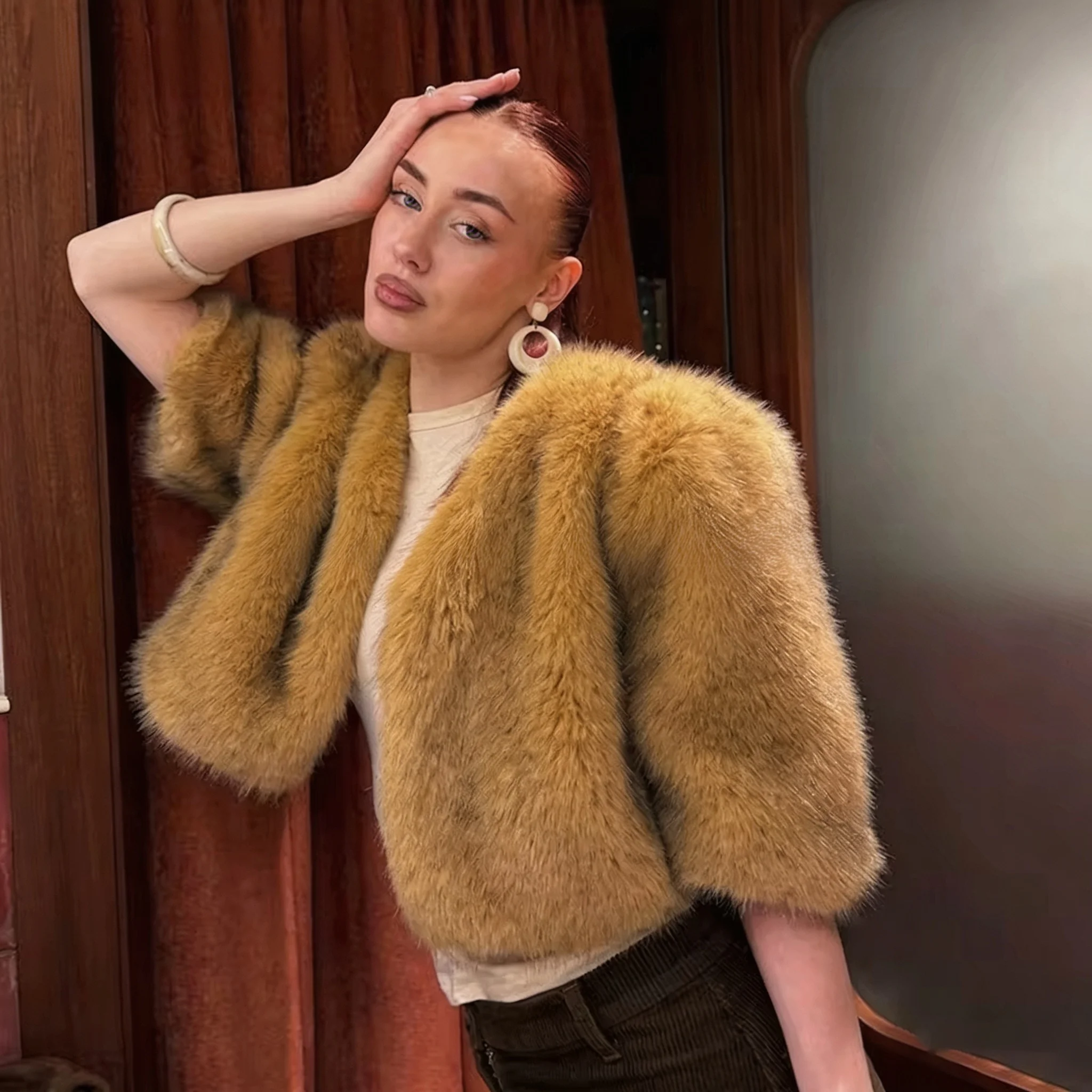 Women Winter Faux Fur Coat 2026 Warm Camel Fluffy Plush Jacket Open Front Cropped Outerwear
