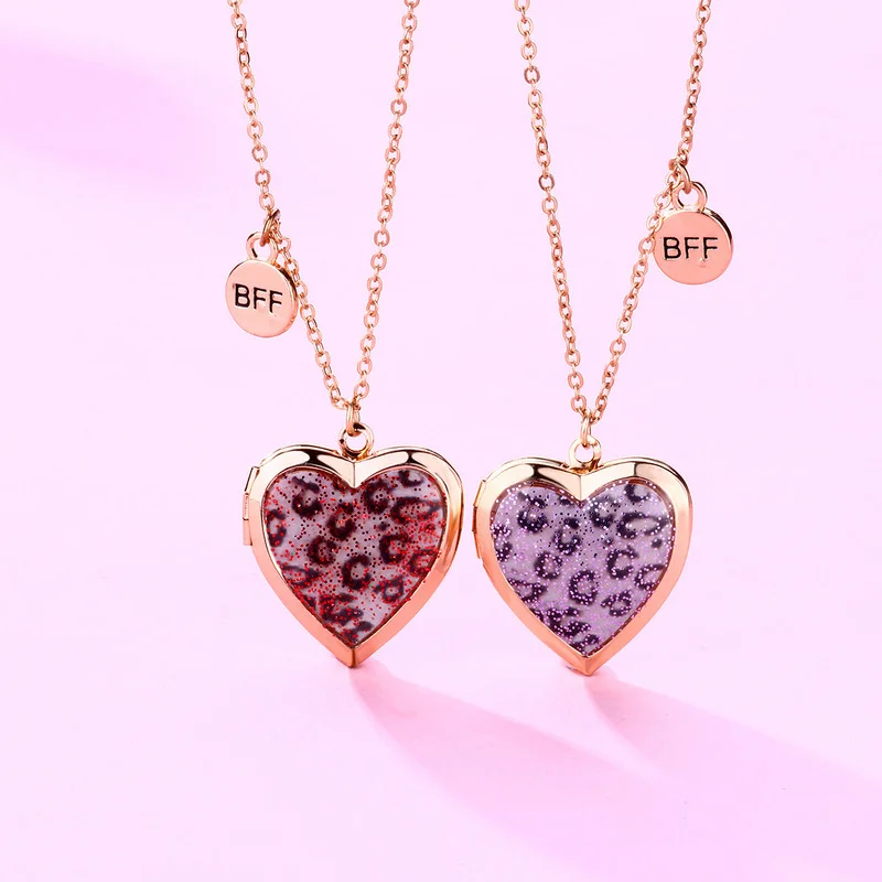 Luoluo&baby 2Pcs/Set Leopard Print Heart Best Friends Pendant Necklace Chain Cute BFF Friendship Jewelry Gift for Kids Girl