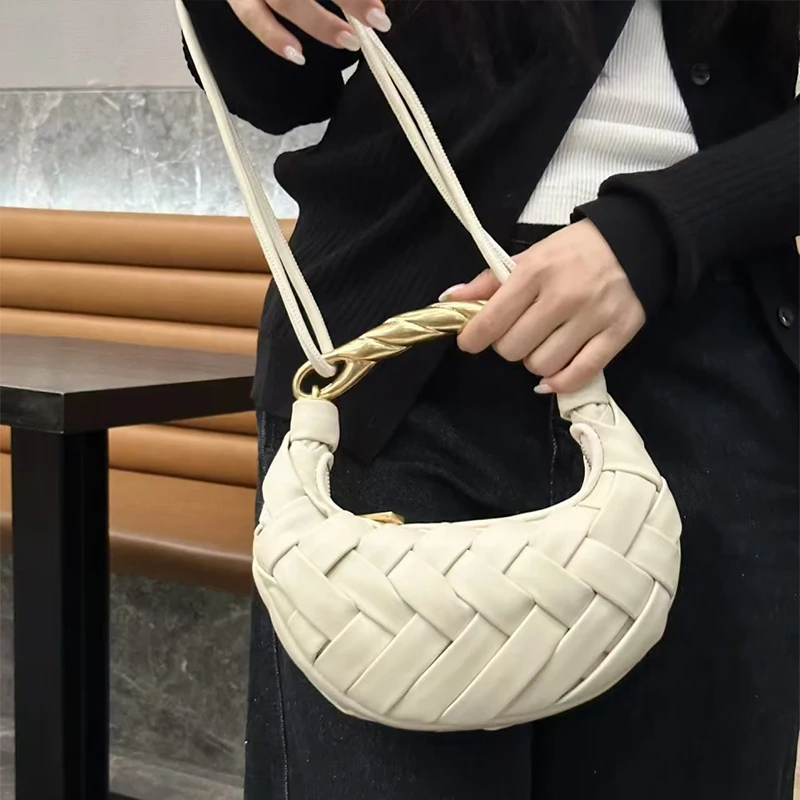 Golden Handle Woven Bird Nest Bag For Women 2024 New Fashionable And High-end Handbag Crescent Shoulder Crossbody Dumpling Bag