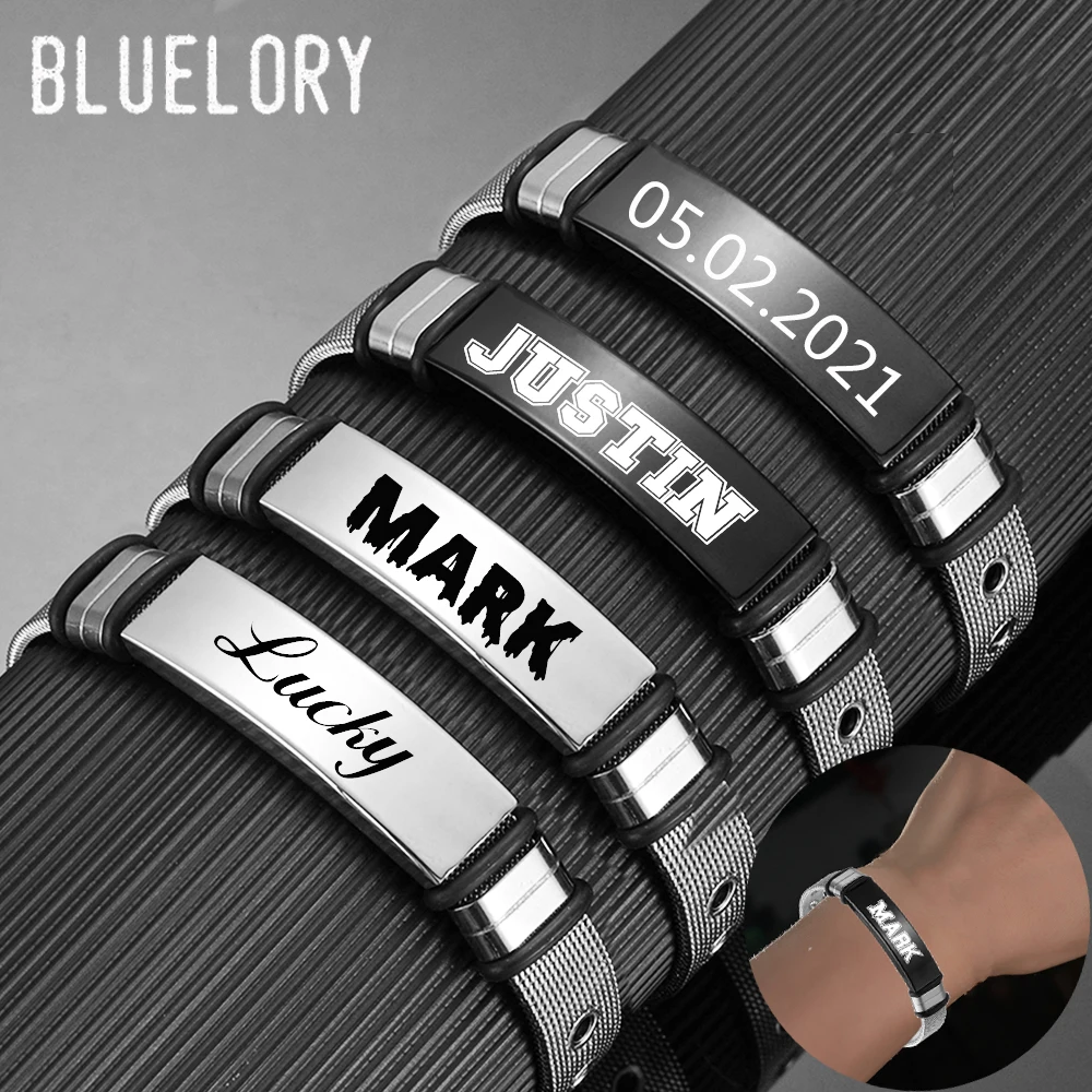 Bluelory Personalized Men Engrave Name Text Date ID Bracelet Punk Stainless Steel Adjustable Watch Band Emergency Custom Jewelry