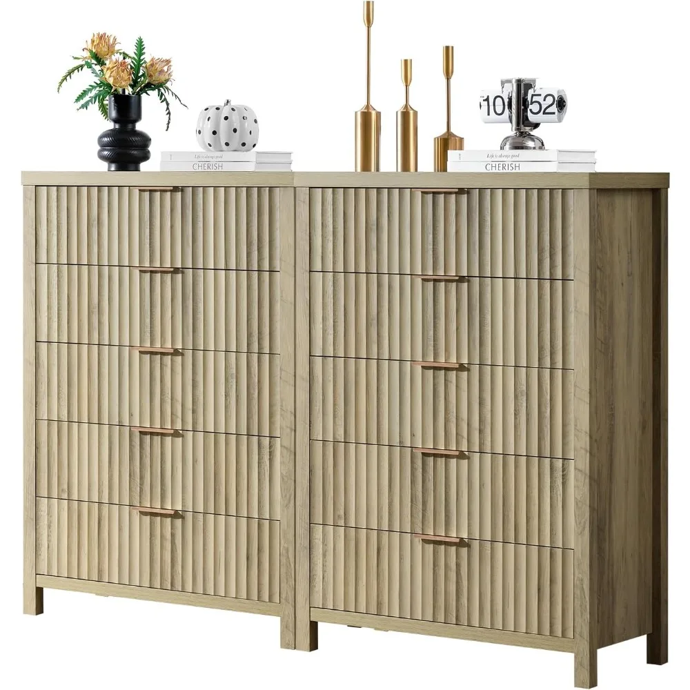 5 Drawers Dresser, 44 Inches  Dresser  Bedroom, Curved Profile Design Chest of Drawers, Drawer(Sunwashed Ash Oak, 2 Pieces)