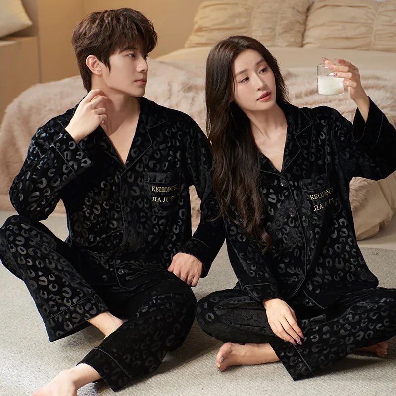 Couple Velvet Sleepwear Leopard Pajamas Set Autumn Winter Women Men Nightwear Home Clothes Casual Velour Loungewear Pijamas Suit