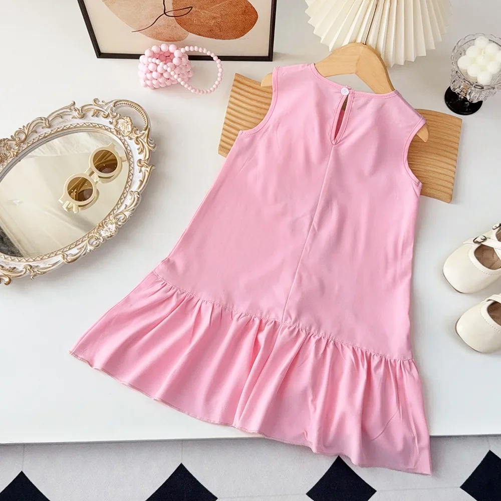 Flower Pattern Baby Pink Dress Easter New Sweet Sleeveless Kids Clothes Korean Version Outfits Children's Fashion Clothing