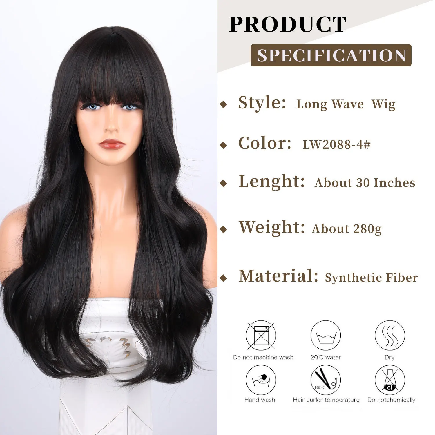 Black synthetic wig with big waves for Halloween cosplay, role-playing, daily party, high-temperature hair accessory