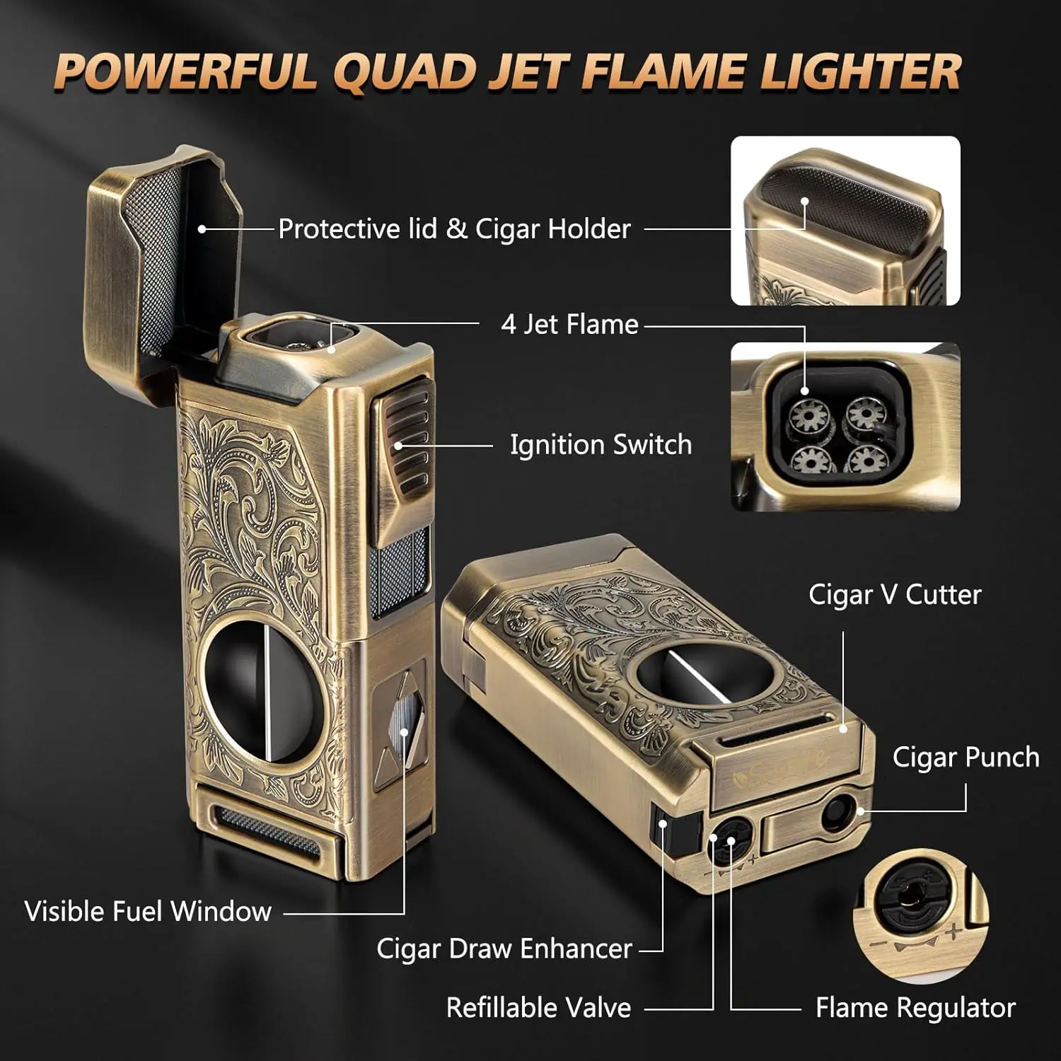 Cigar Lighter 4 Jet Flame,Refillable Butane Lighter with Cigar Cutter V Cut Cigar Punch Cigar Holder Cigar Draw Enhancer