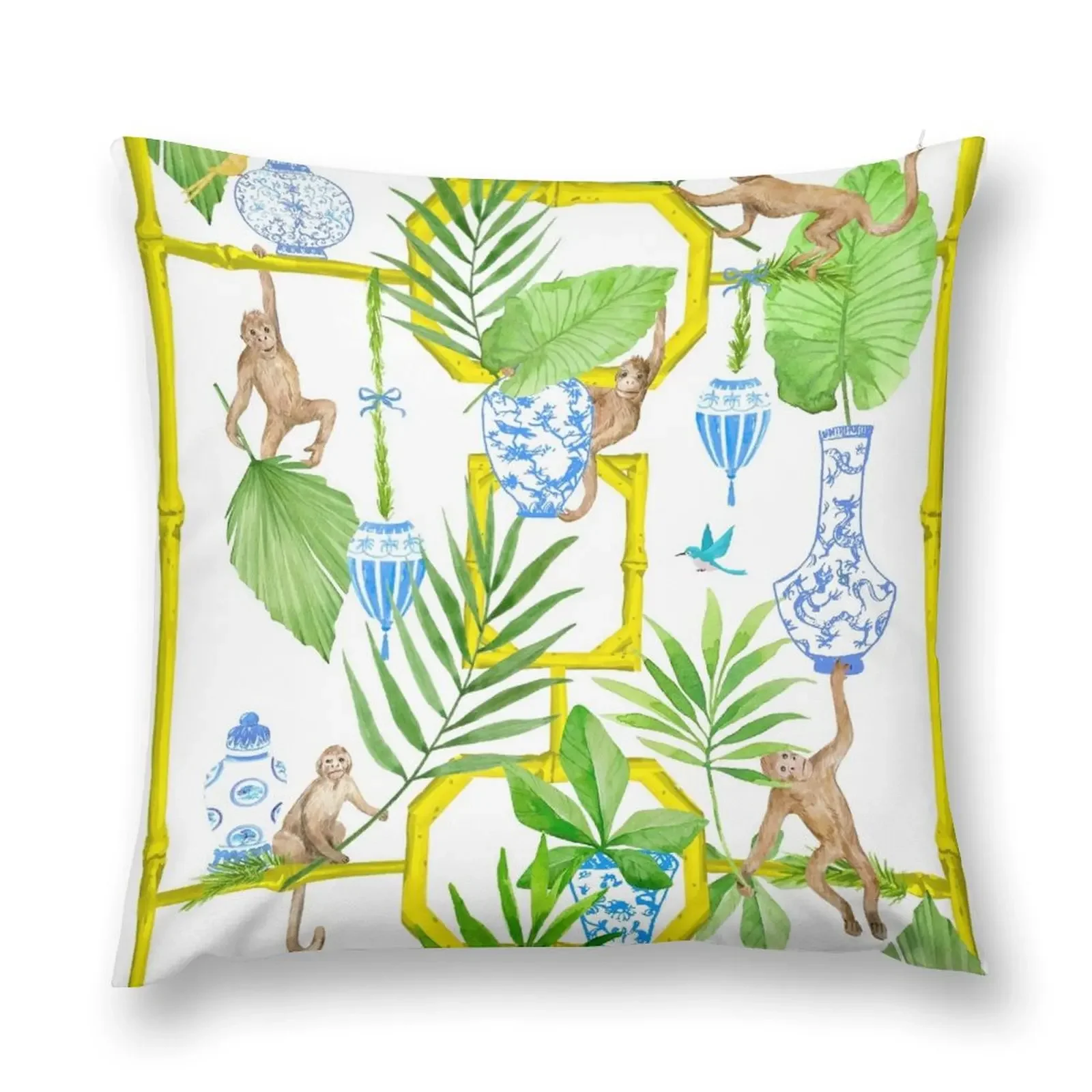 Playful Chinoiserie monkeys in Ginger jar house Throw Pillow Sitting Cushion pillow cover christmas pillow