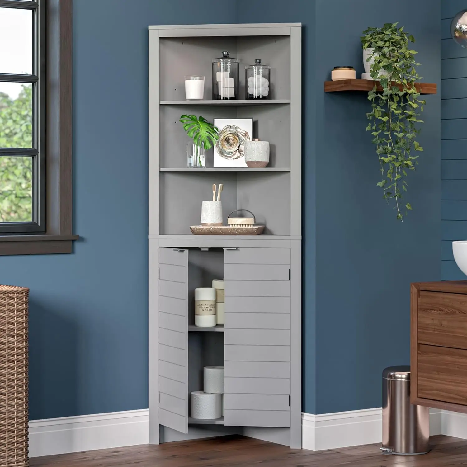 Riverridge Madison Bathroom Corner Storage Cabinet With Open Shelves And Cupboard Tall Corner Storage Bathroom Furniture Corner