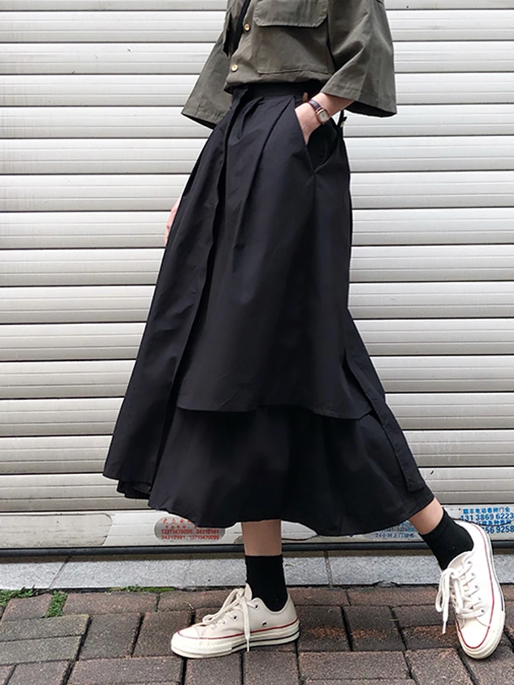 Korean Fashion Minimalism Irregular Skirts Women Elastic Waist Pocket Skirts Black White Long Skirt Maxi Casual Summer Skirt