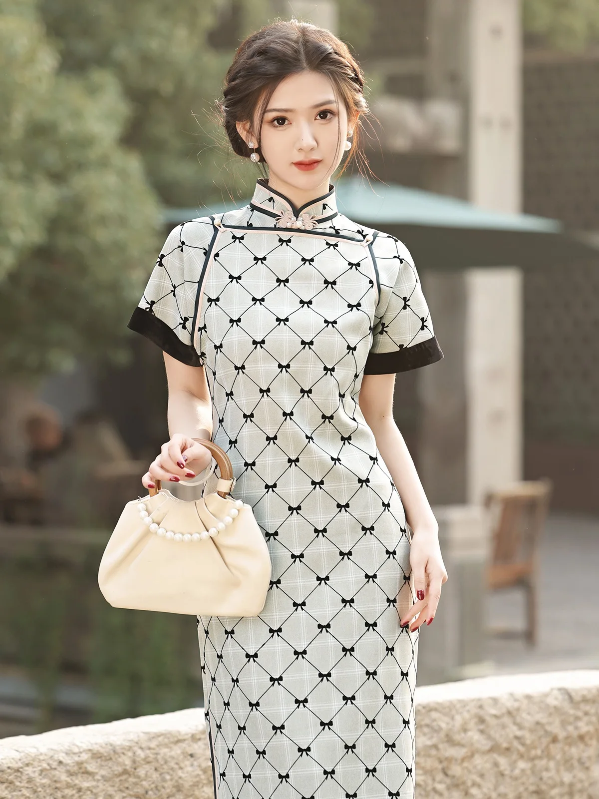 Young Gentle Lady Style Slim-Fit Flocking Half Cardigan Cheongsam Spring and Summer New Elegant Everyday Dress