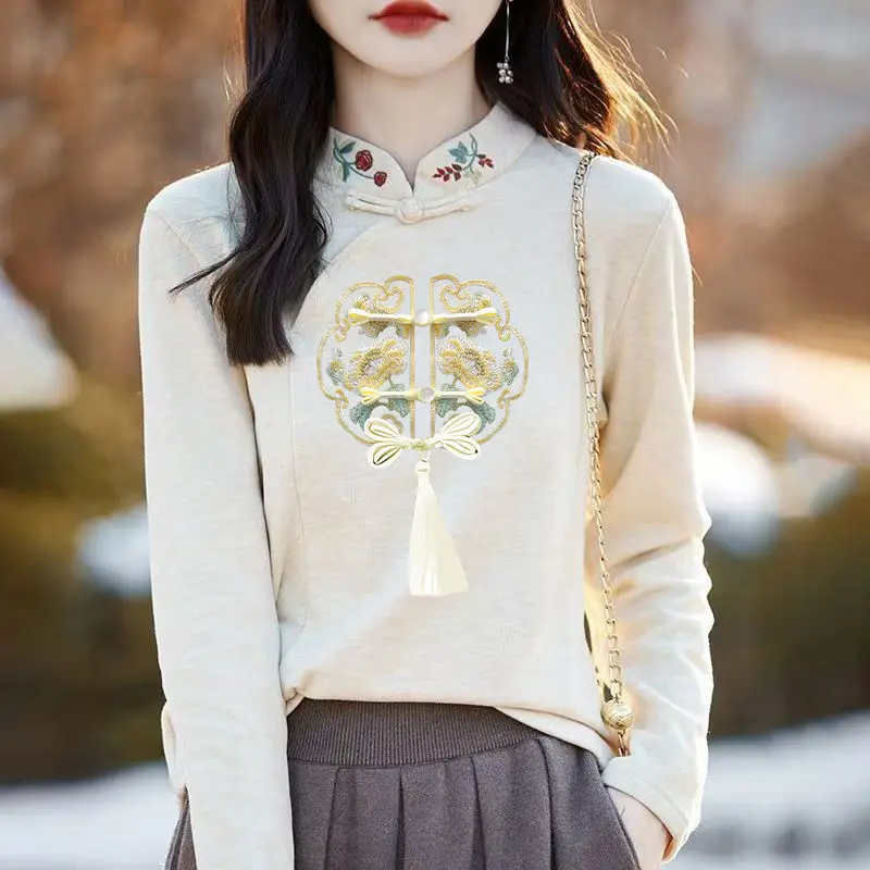 New Autumn Winter Double-sided German Velvet Women's Embroidered Loose Base Shirt Chinese Style Vertical Collar