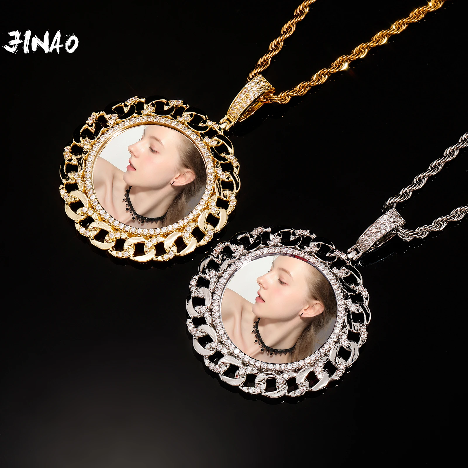 

JINAO 2022 NEW Custom Ice out Large size Photo Round Necklace & Pendant With 4mmTennis Chain AAA Cubic Zircon Hip hop Jewelry