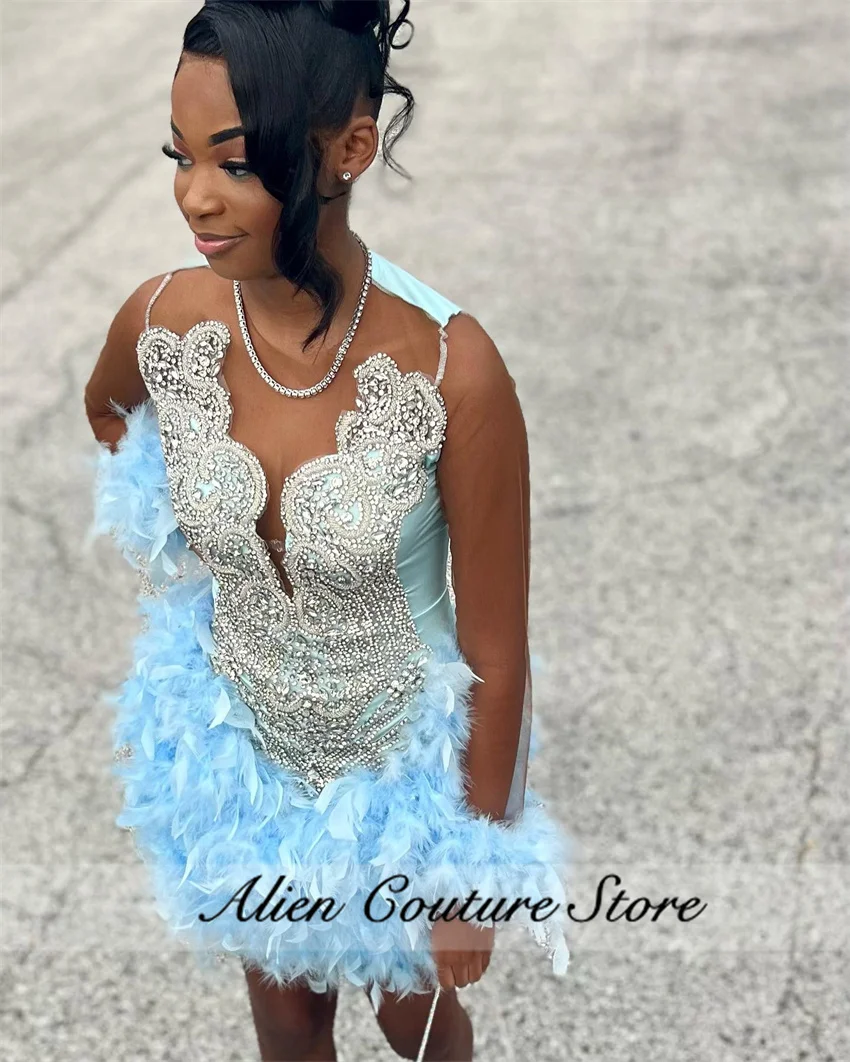 فستان حفلة موسيقية ماسي أزرق لامع للنساء ، أحجار راين لامعة ، فساتين فاخرة ، أكمام طويلة ، ريش ، فستان أعياد ميلاد للفتيات ذوات البشرة السمراء