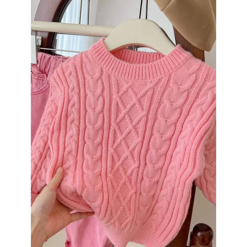 Girls' Spring and Autumn New Fashionable Western Style Internet Celebrity Knitted Sweater Pink Two-Piece Pants Trendy