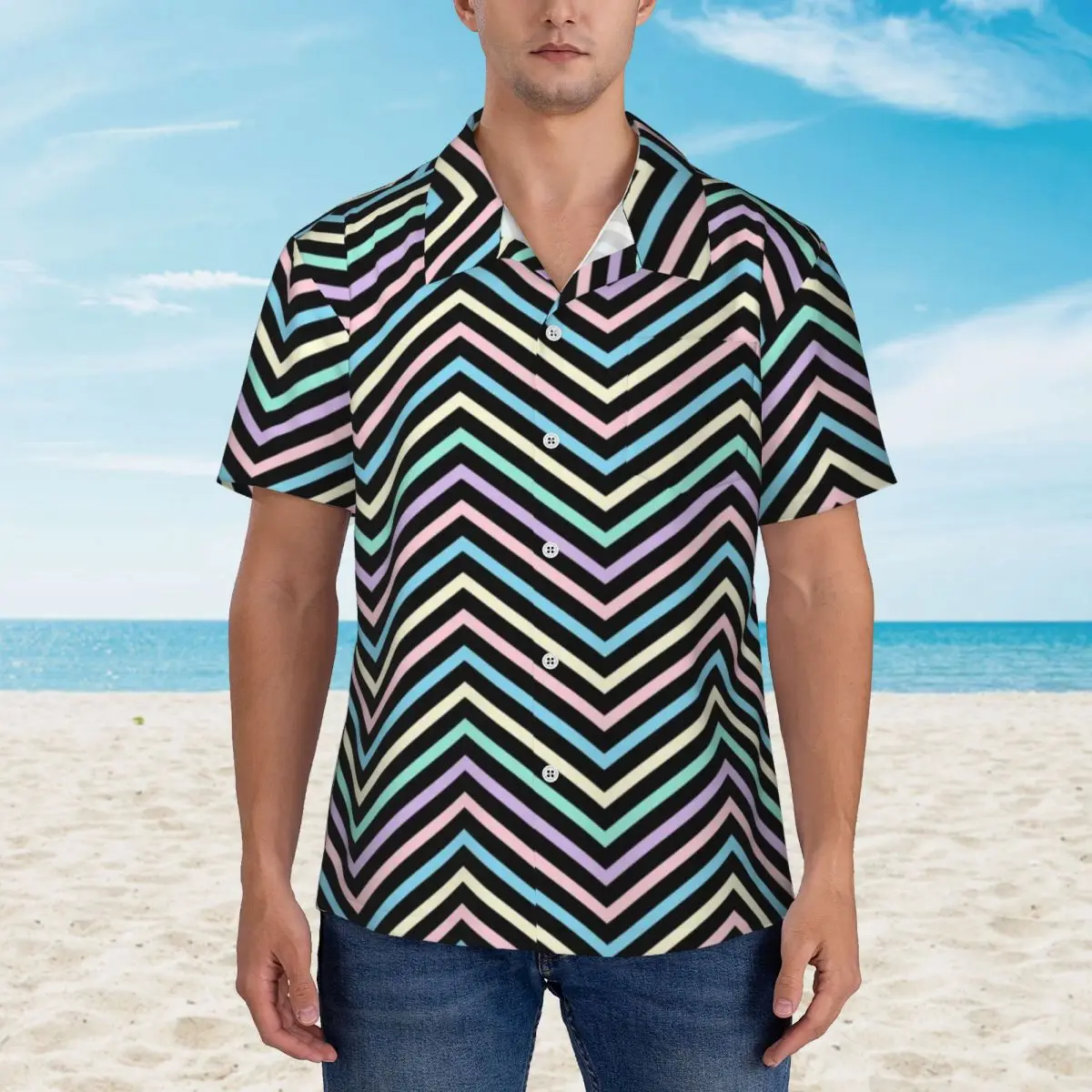 

Colorful Nordic Lines Summer Shirt Men Beach Pastel Zig Zag Print Casual Shirts Short Sleeves Stylish Cool Oversized Blouses