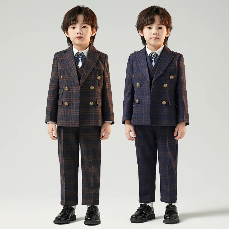 

Children's Formal Plaid Suit Set Boy Wedding Dress Piano Performance Birthday Party Costume Kids Blazer Pants Bowtie Outfit