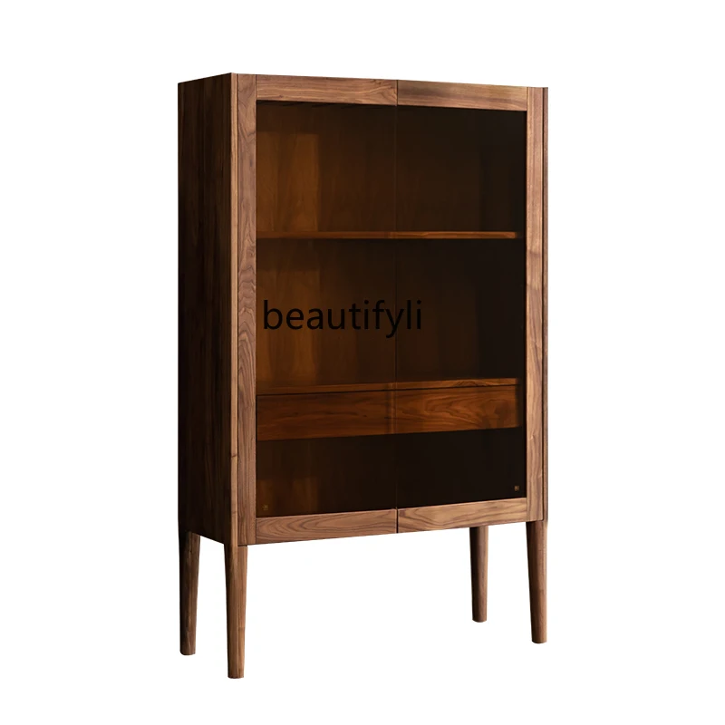 

Modern Light Luxury Black Walnut Wooden Liquor Cabinet Wall Glass Double Door Partition Display Sideboard Cabinet