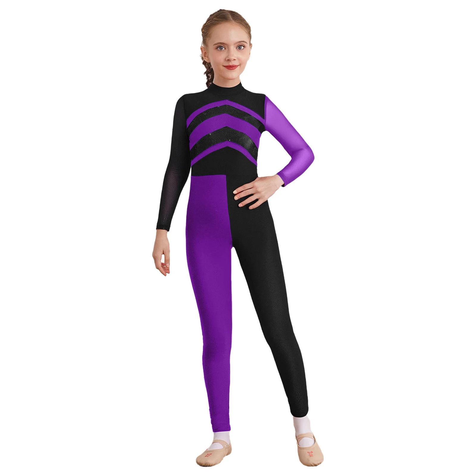 

Kids Girls Gymnastics Dance Jumpsuit Shiny Sequins Color Block Mesh Long Sleeves Cutout Back Bodysuit Figure Ice Skating Unitard