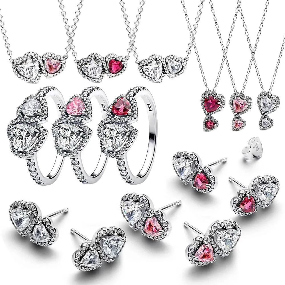 925 Silver Valentine's Day Jewelry Set Double Love Ring Zircon Shining Earrings Bracelets Necklace Original DIY Women Fine Gift