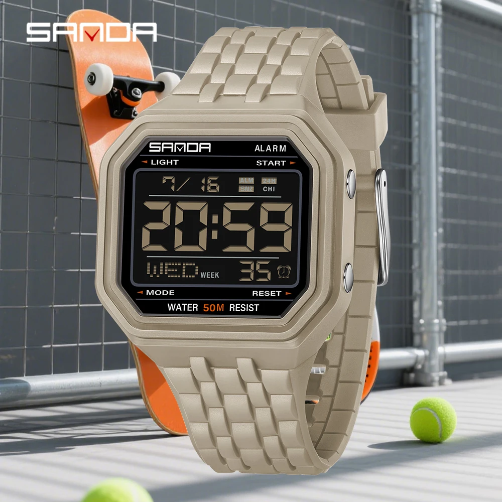 SANDA 2026 New 6366 Retro Block Sports Electronic Watch, Fashionable Men's 50 Meter Waterproof Night Light Multifunctional Watch