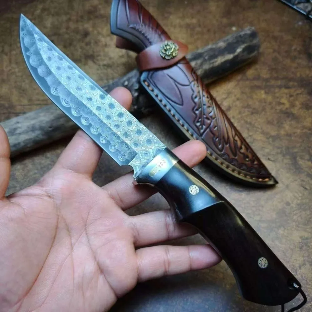 High Hardness Damascus / DC53 Blade Ebony Handles Survival Hunting Knives Outdoor Wilderness Tactical Camping edc Hand Tools