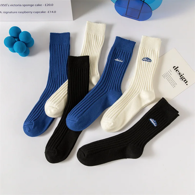 Richao Snow Mountain Embroidery Pure Cotton Thick Thread Medium Pipe Socks Klein Blue Versatile Socks for Men and Women