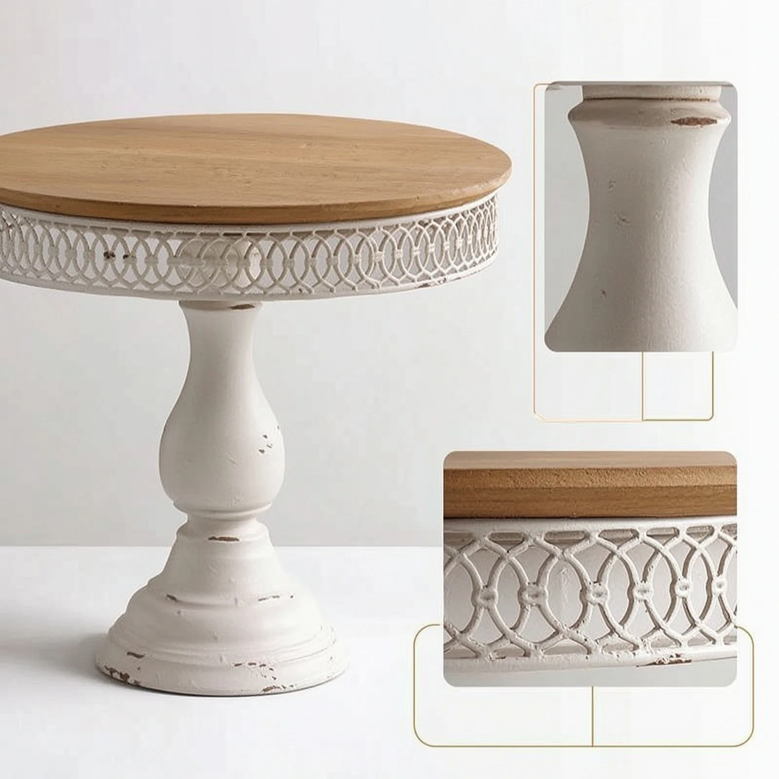 Display Stand with Wood Top Round Cake Stand Pedestal Riser Distressed Rustic for Party Hosts, Dessert Table, Entryway Console