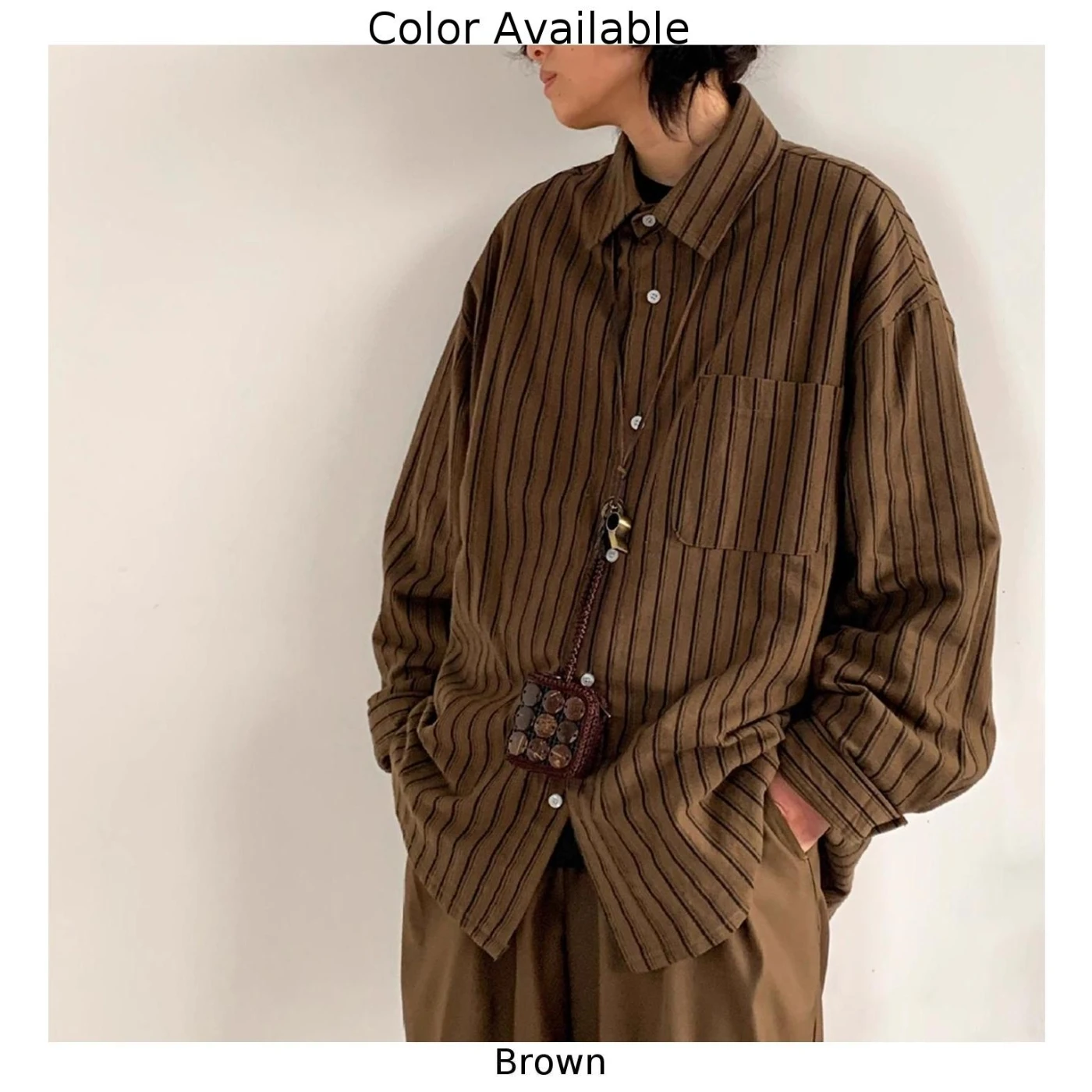 Daily Casual Wear Holiday Striped Long Sleeve Shirt Pocket Button Shirt Brown Color Casual Style Regular Length