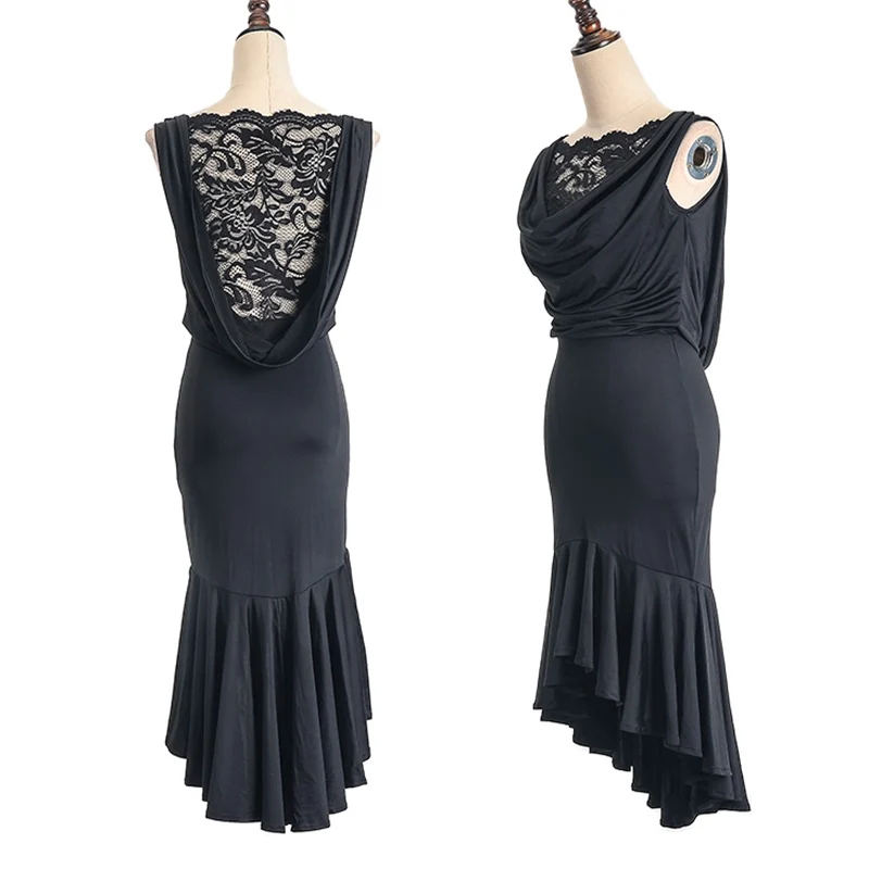 

Black Ballroom Dance Performance Dress Women Standard Tango Stage Wear Prom Lace Sleeveless Long Dresses Latin Dancewear VBH1784
