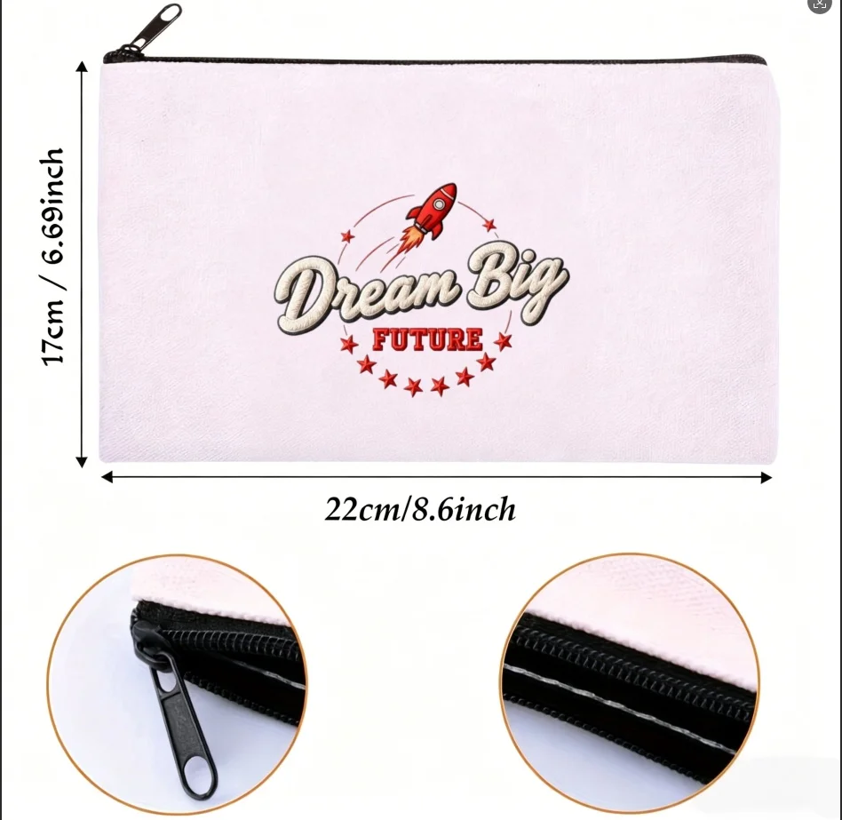 1PC Red Rocket Surround Star Dream Big Future Canvas Cosmetic Pouch Lightweight School Travel Skincare Storage Zipper Bag