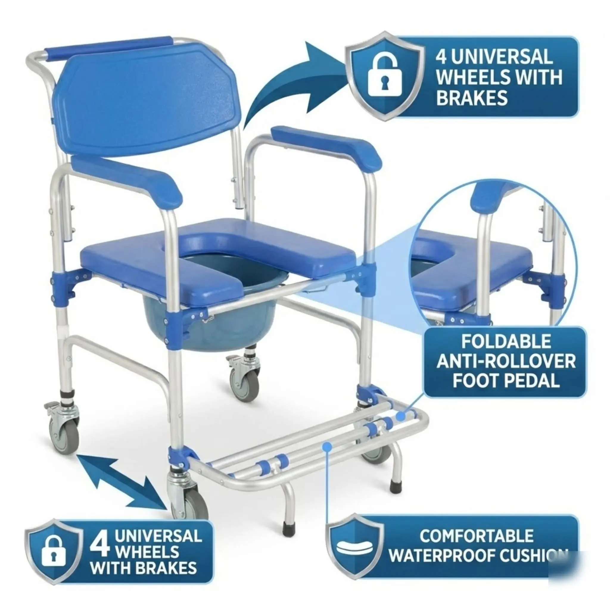 كرسي دش دوار مع مقعد مبطن بعجلات ودلو لكبار السن والمعاقين