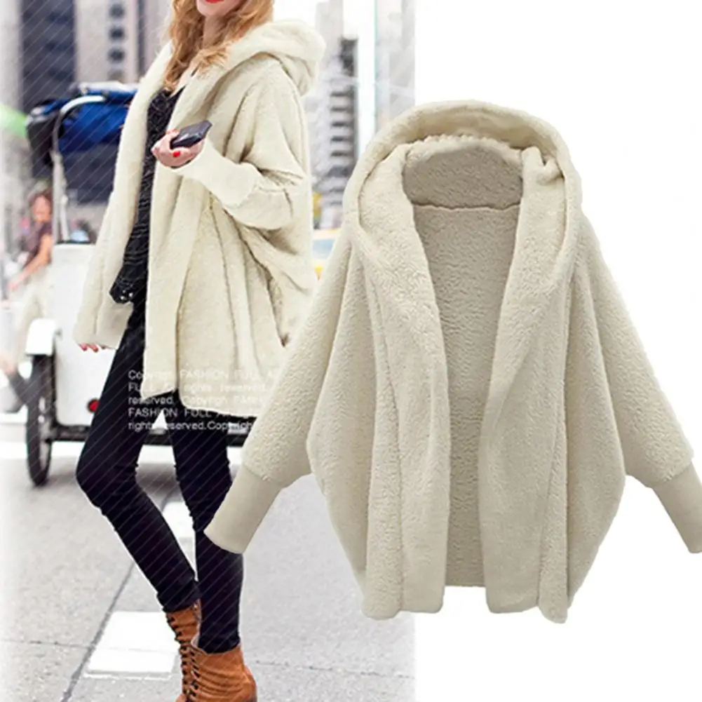 

Winter Coat Hooded Thick Long Sleeves Cardigan Pure Color Keep Warm Soft Elastic Cuff Batwing Sleeves Lady Jacket for Office