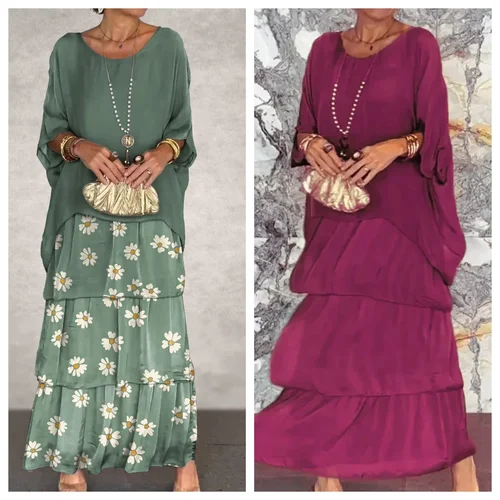 Vestido largo bohemio de gasa con estampado Floral para mujer, Jersey elegante con cuello redondo, falda de pastel de media manga de murciélago, Primavera