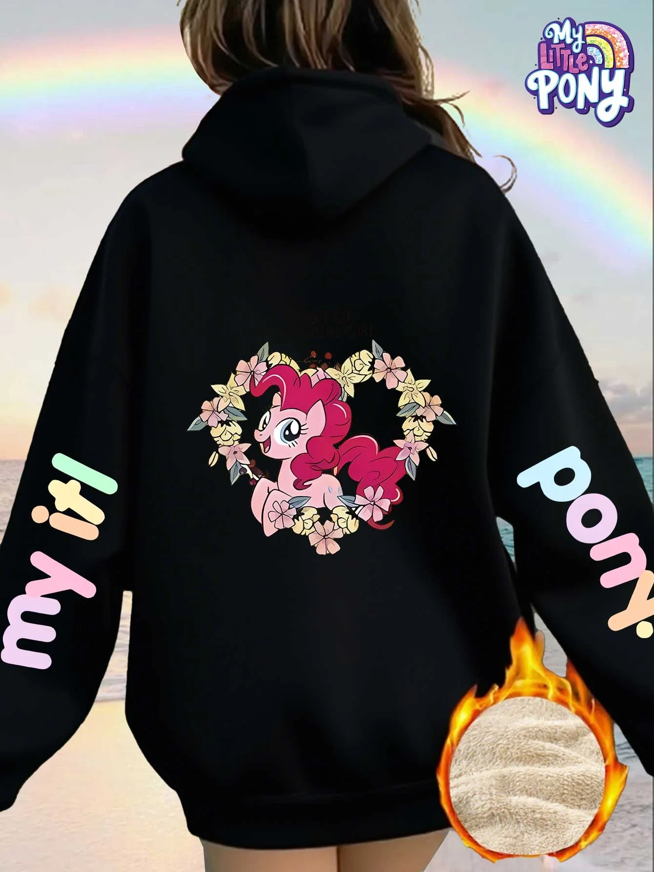 Sudadera con forro para mujer de invierno, edición colaborativa My Little Pony, sudadera con capucha con estampado de corona de fiesta rosa y lindo pony de My Little Pony