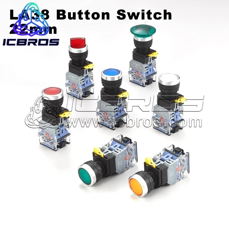 22mm LA38 illuminated Pushbutton Switch Self-Locking Reset Flat Head Jog Switch 24 220V Red Green Start Mushroom Knob With light