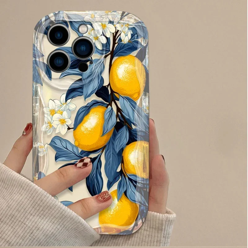 Pink Cherry Lemon Soft Clear TPU Phone Case For IPhone 15 14 11 16 Pro Max 12 13 MIni XR Flower Wavy Bumper Silicone Cases Cover image 2