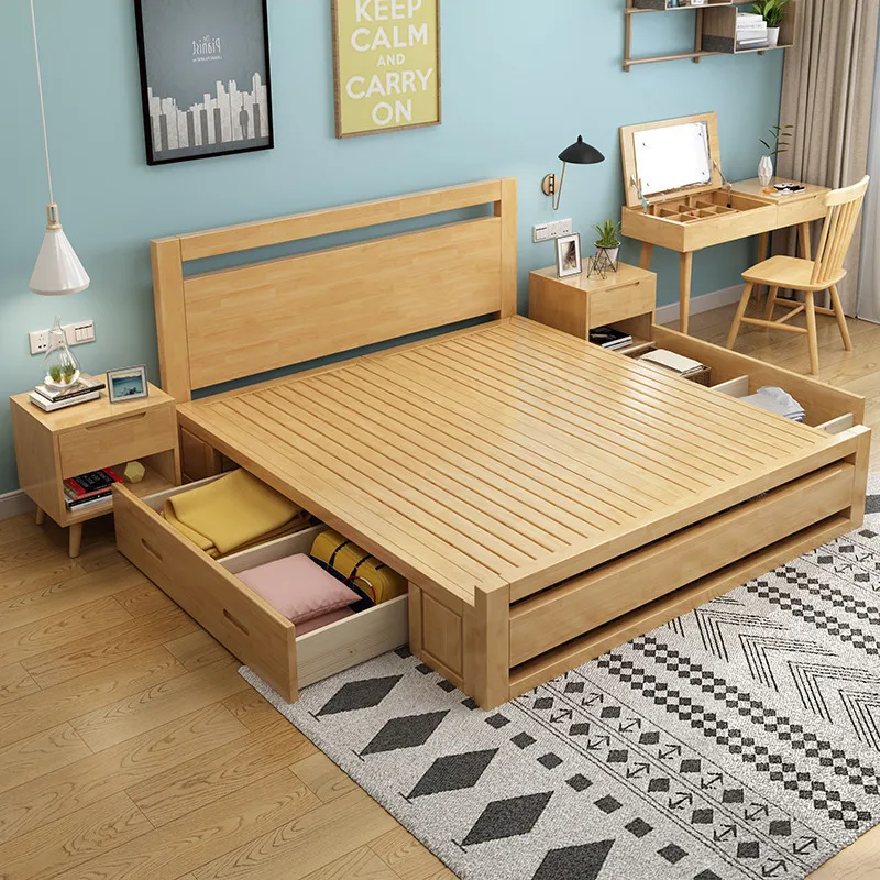Nordic solid wood bed 1.5m rental house rental Japanese character apartment 1.8m single bed household pure solid wood storage