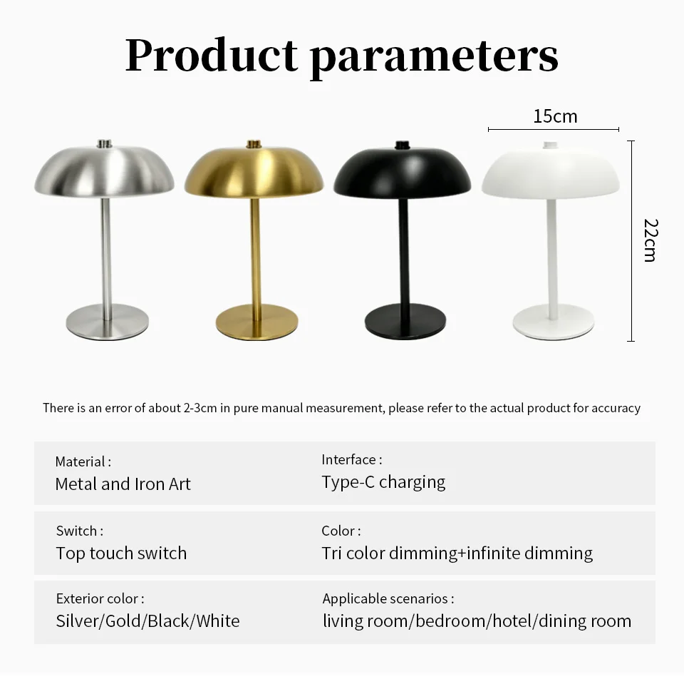 Cordless Mushroom Table Lamp Touch Control Dimmable LED Desk Light Rechargeable Bedroom Night Light Home Decor Gift