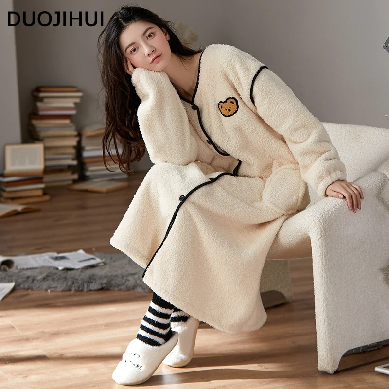 DUOJIHUI Fashion 3-colors Sweet V-neck Loose Sleepwear Women Basic Simple Single Breasted Winter Flannel Thick Female Nightgown