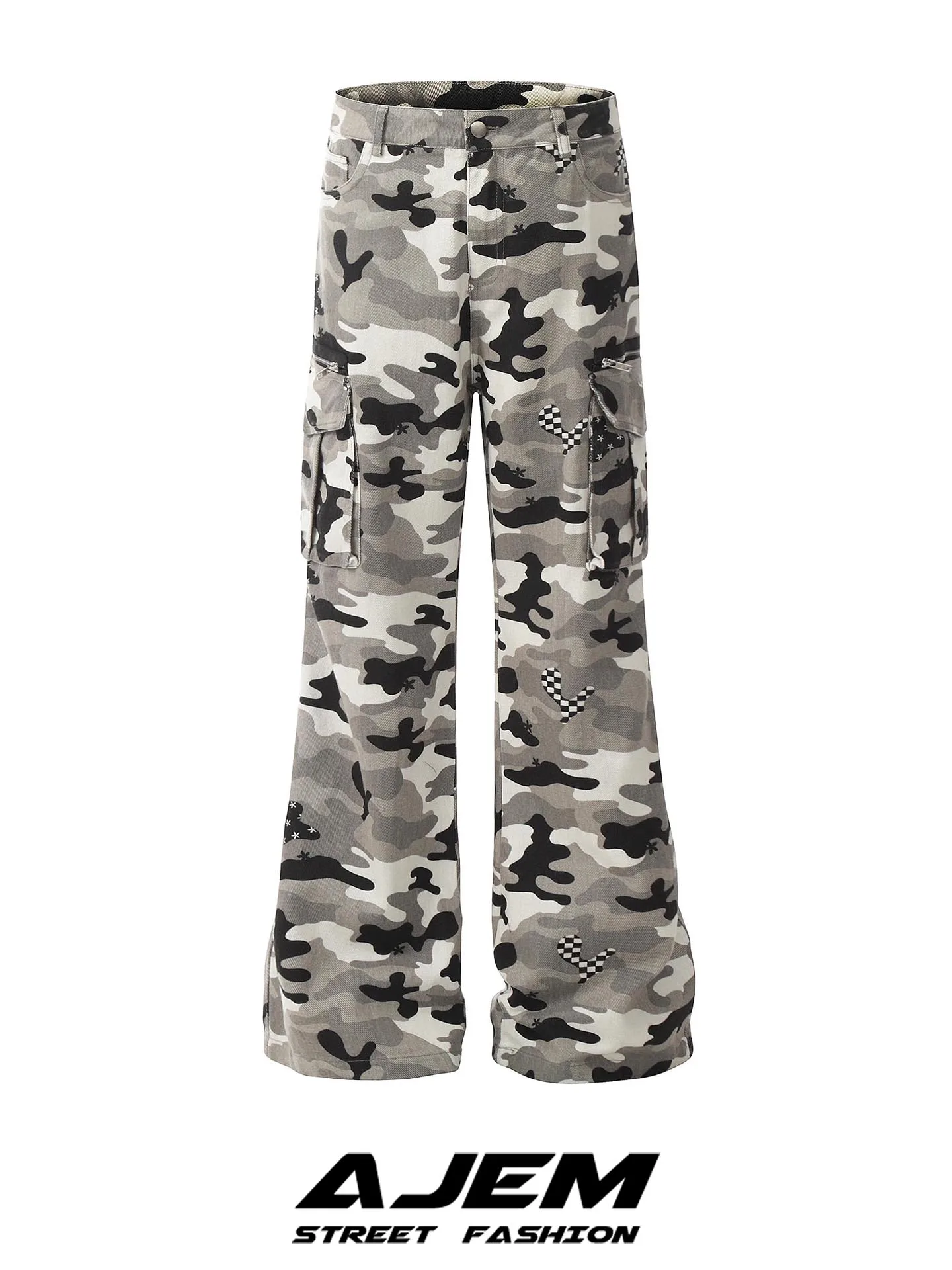 Calças Camufladas Americanas Retro AJEM com andes Bolsos, Jeans Casuais de Perna Reta para Homens e Mulheres com Efeito Ema...