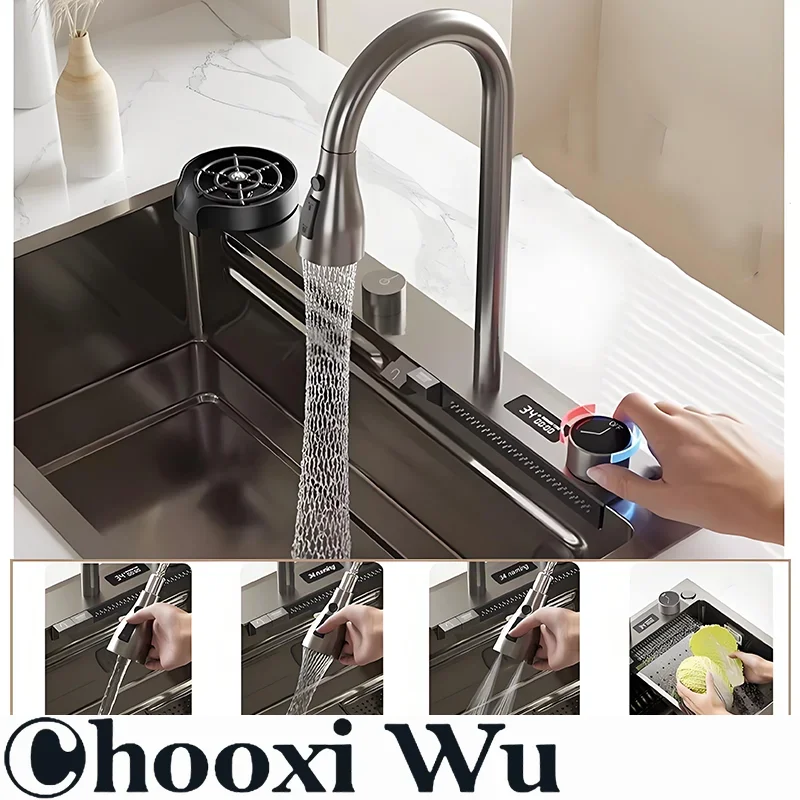 Kitchen pull-out sink faucet set intelligent digital display all-copper valve core multi-function water outlet