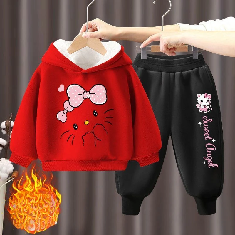 Autumn Winter Thicken Warm Clothing Sets for Children Hello Kitty Hooded Top and Long Pant 2pcs Girls Plus Cashmere Tracksuit