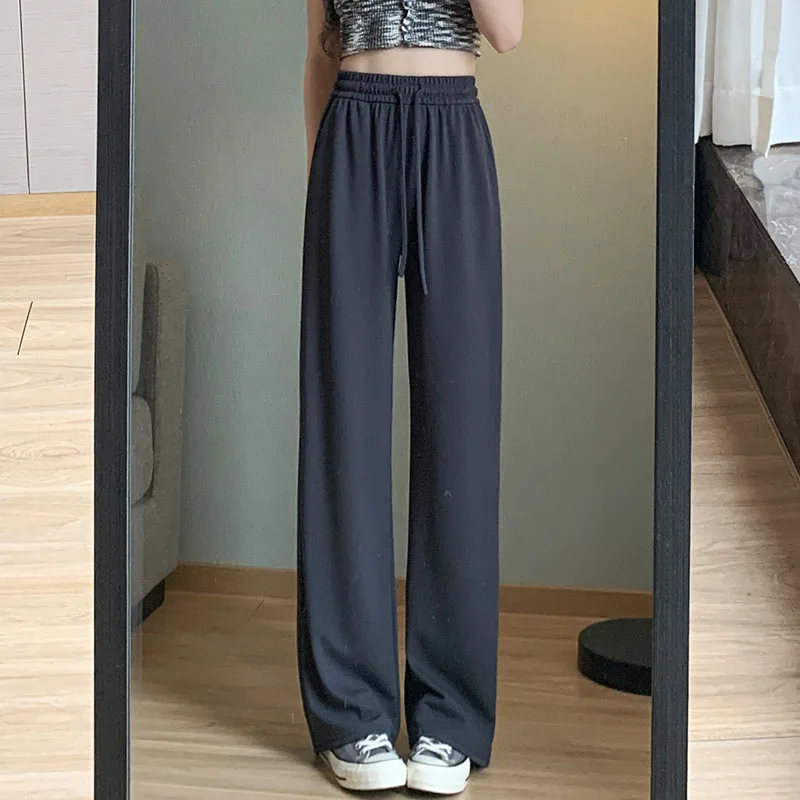 New Women\'S Spring Autumn Summer High Waist Draping Straight Tube Wide Leg Pants Versatile Casual Sunscreen Ice Silk Trousers