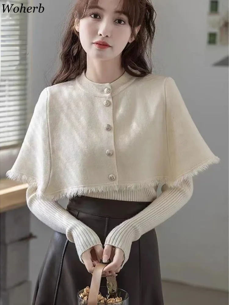 

Knitted Suit Long Sleeve Solid Tassels Pullovers O Neck Single Breasted Shawl Tops Outfits Color Sweater 2 Piece Set Women