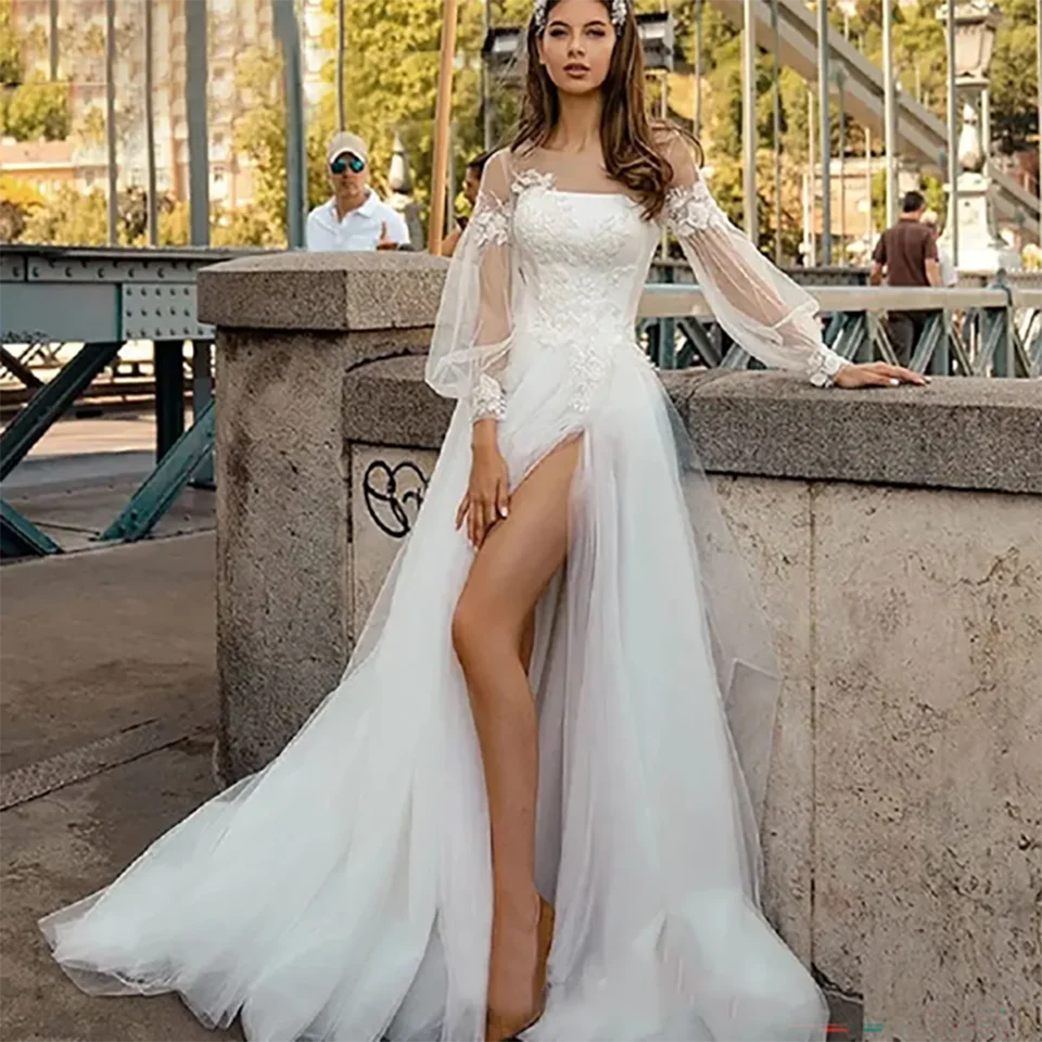 خمر بوهو الدانتيل زينة عالية الشق نفخة الأكمام ألف خط فساتين الزفاف 2025 الوهم ذيل محكمة تول زي العرائس للنساء #3